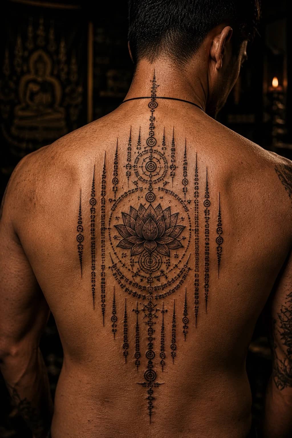 Lotus Sak Yant spine tattoo with Om symbol, bamboo hand-tap work at Bloodline Tattoo Bangkok