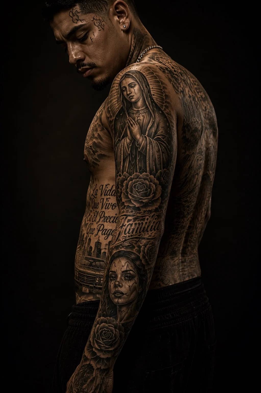 Chicano sleeve with Virgin of Guadalupe, payasa portrait, roses, Familia script, and lowrider at Bloodline Tattoo Bangkok