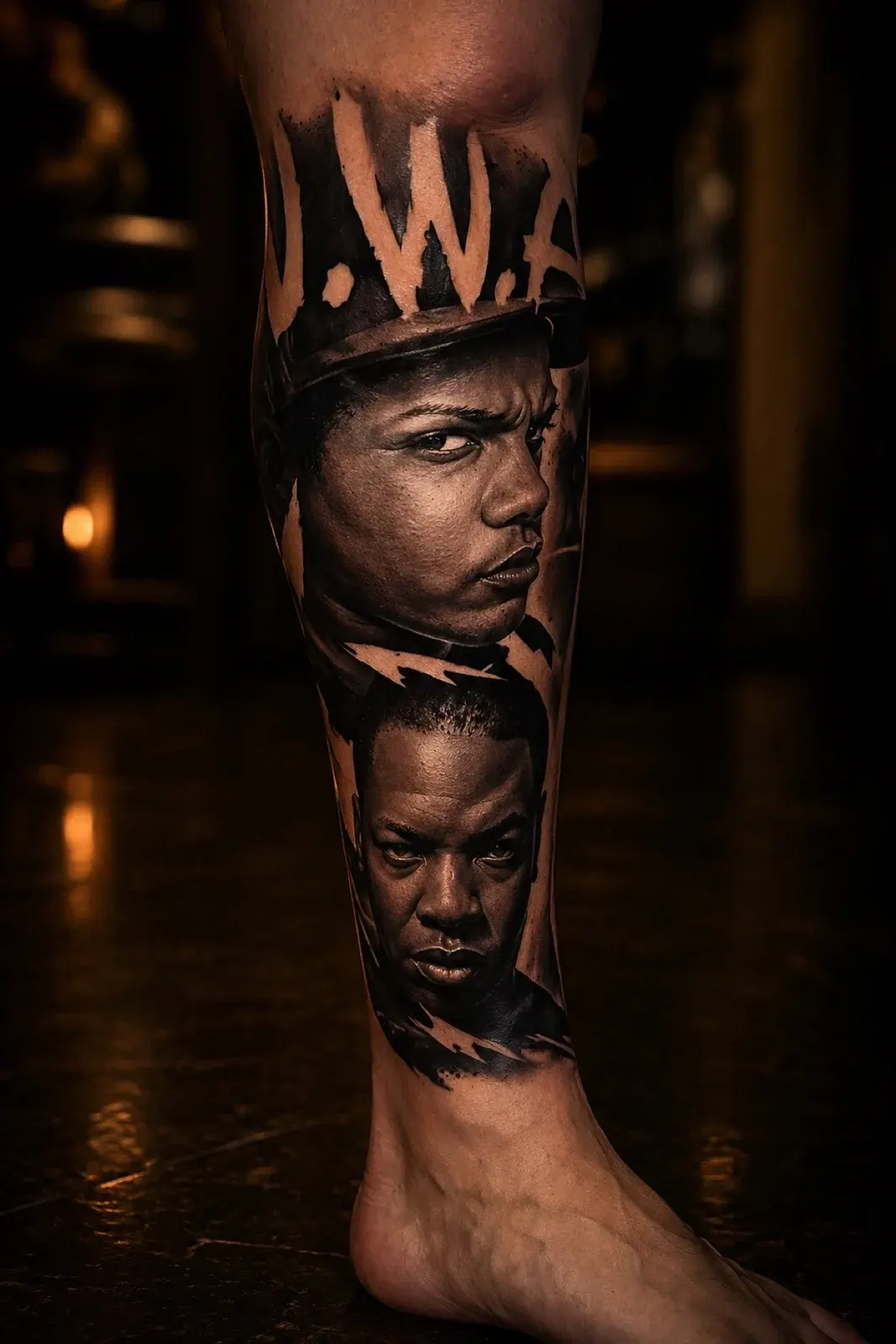 Black and grey N.W.A portrait leg tattoo with Eazy-E and Dr. Dre in realism at Bloodline Tattoo Bangkok