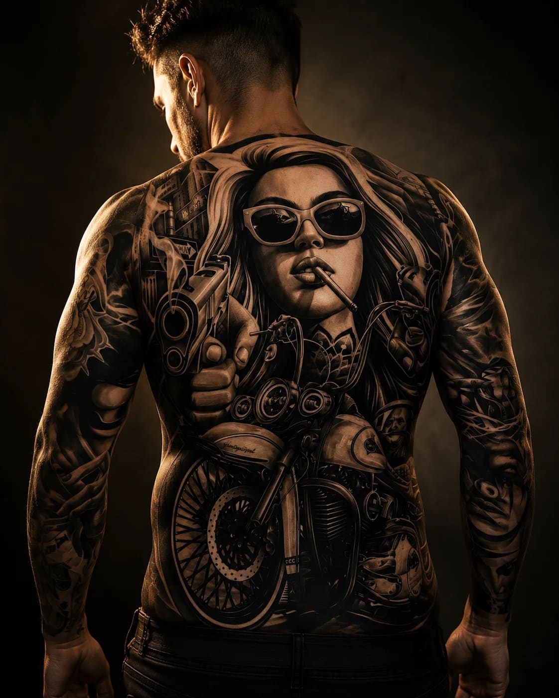 Black and grey realism sleeve with Greek god, winged angel, cathedral architecture, and eye detail at Bloodline Tattoo Bangkok
