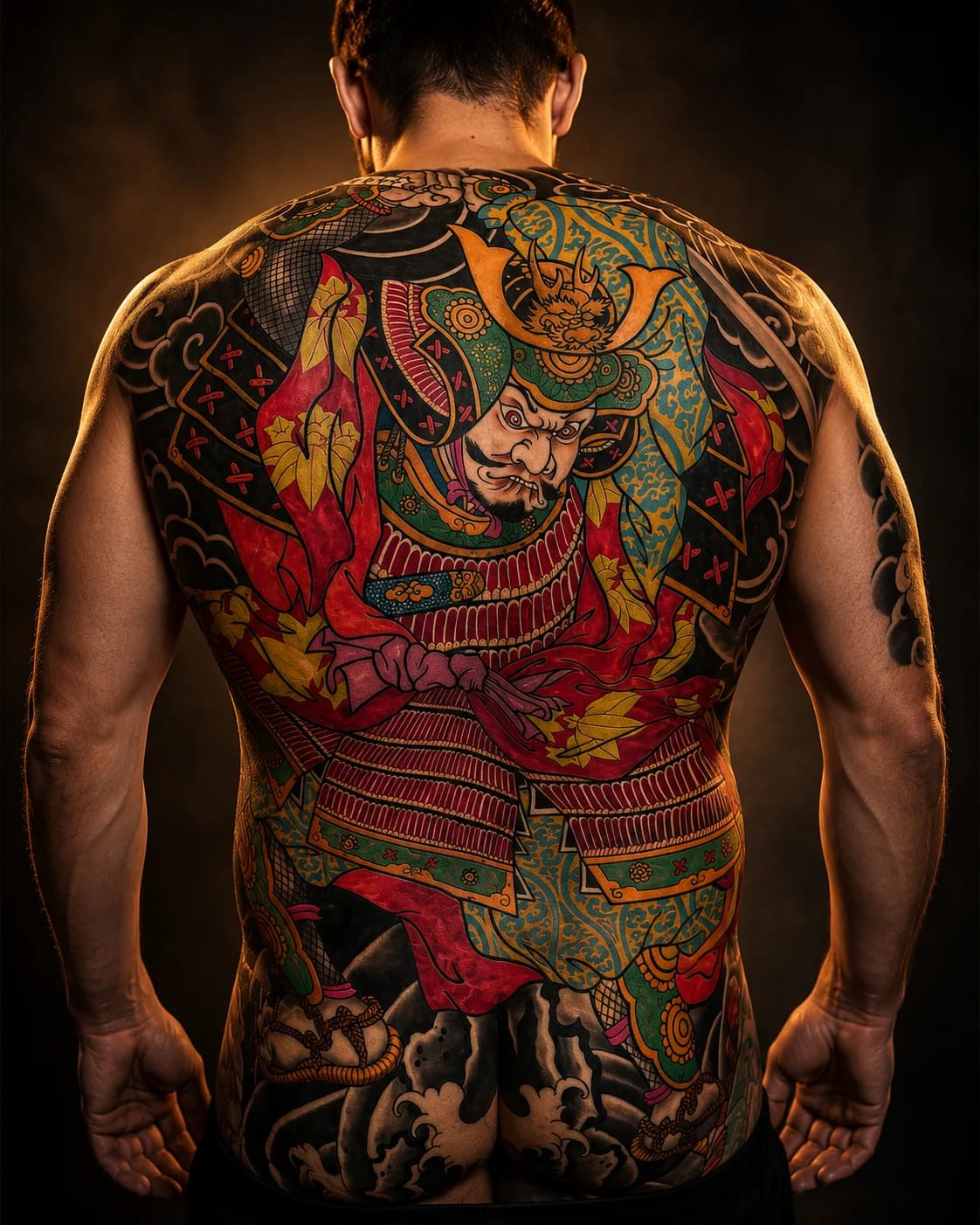 Black and grey realism back tattoo with Greek god portrait, winged angel, temple, and lightning at Bloodline Tattoo Bangkok