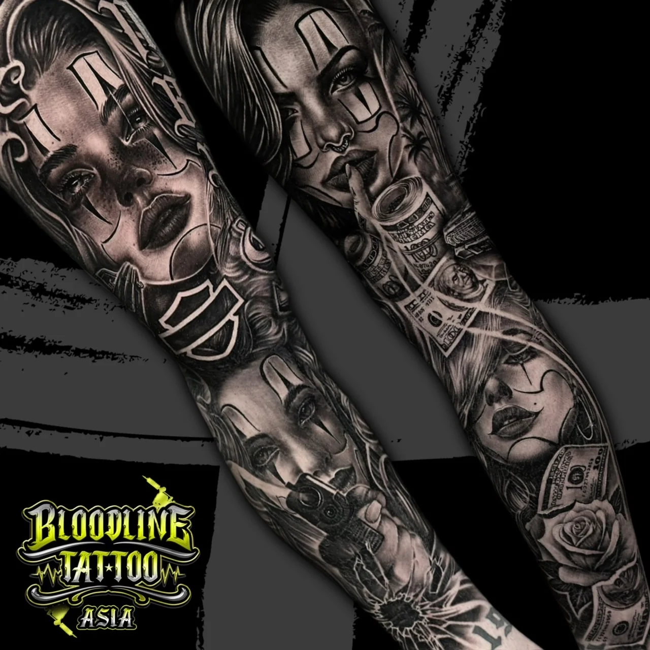 Black and grey Chicano twin sleeve designs featuring payasa portraits, a Harley-Davidson logo, stacked cash, a handgun, and roses at Bloodline Tattoo Bangkok.