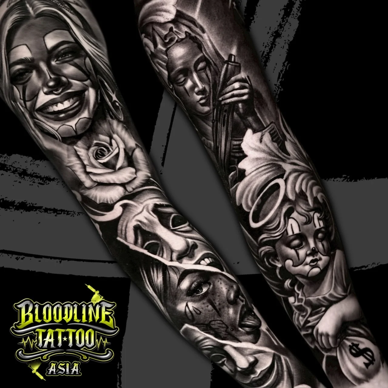 Black and grey Chicano sleeve design with payasa portraits, praying Virgin Mary, money-bag cherub, rose, and expressive face collage at Bloodline Tattoo Bangkok.