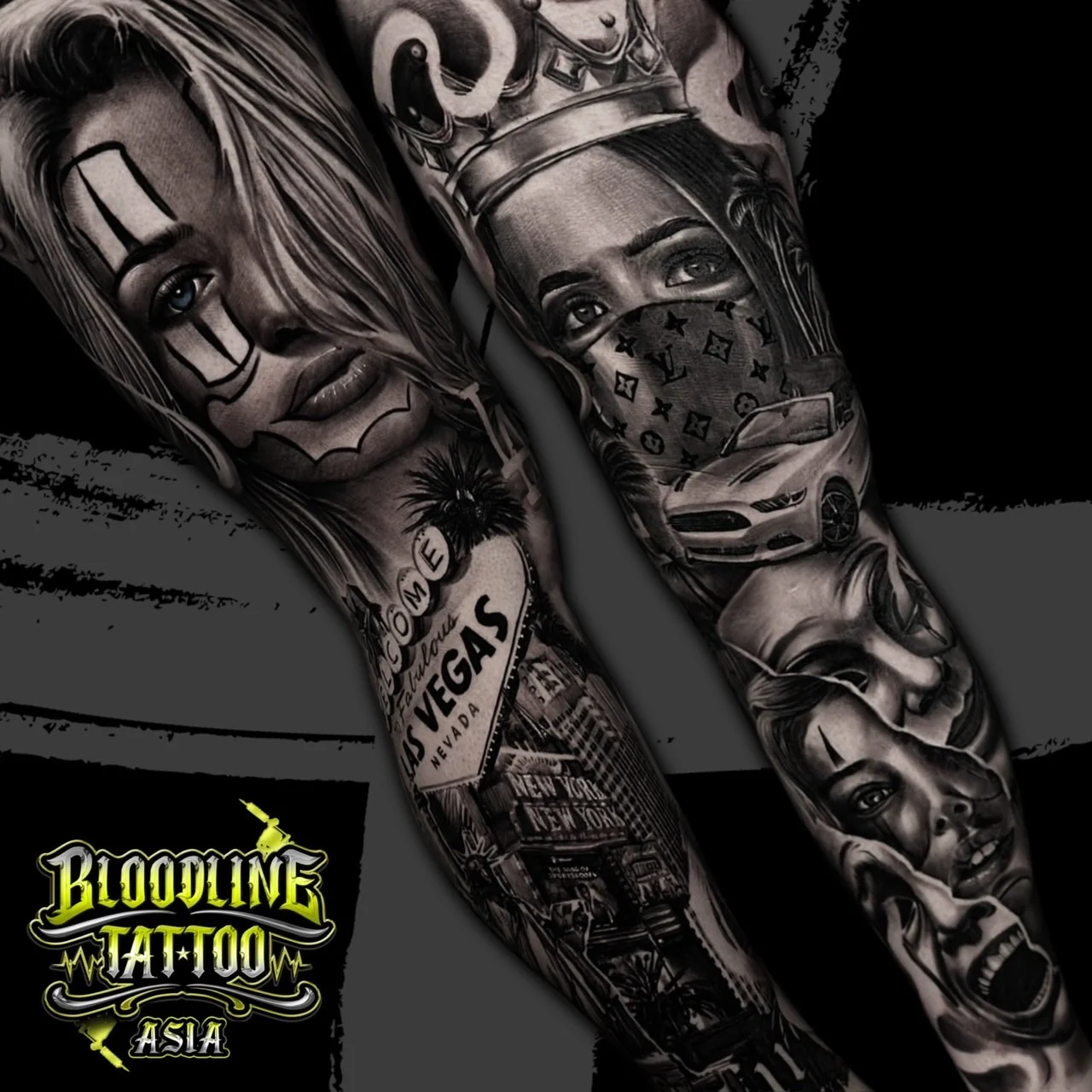 Detailed black and grey Chicano twin sleeves with payasa portraits, Las Vegas sign, New York skyline, sports car, crown, and drama masks at Bloodline Tattoo Bangkok.