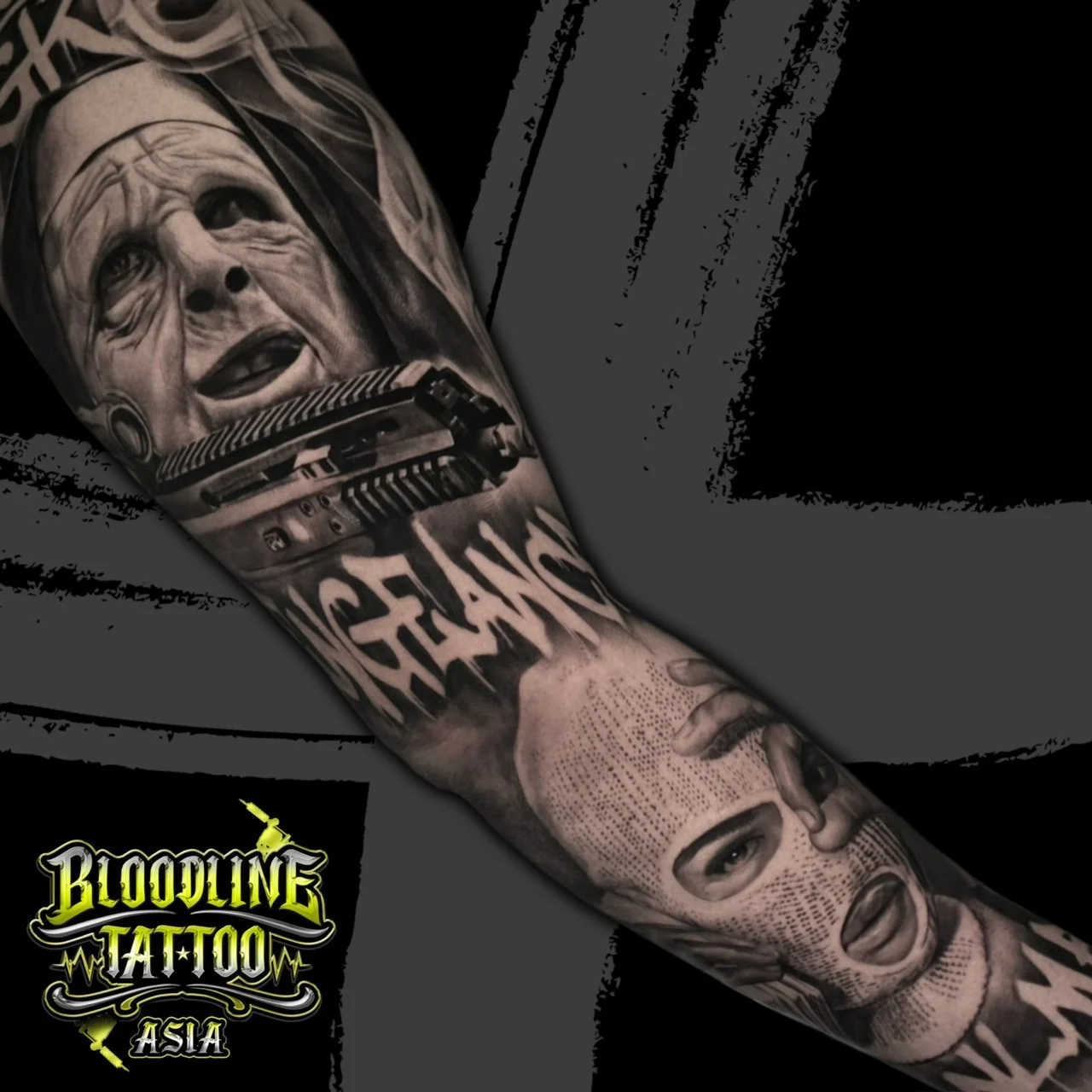 Black and grey Chicano sleeve tattoo with a wrinkled nun portrait, handgun, bold Vengeance script, and balaclava street portrait at Bloodline Tattoo Bangkok.
