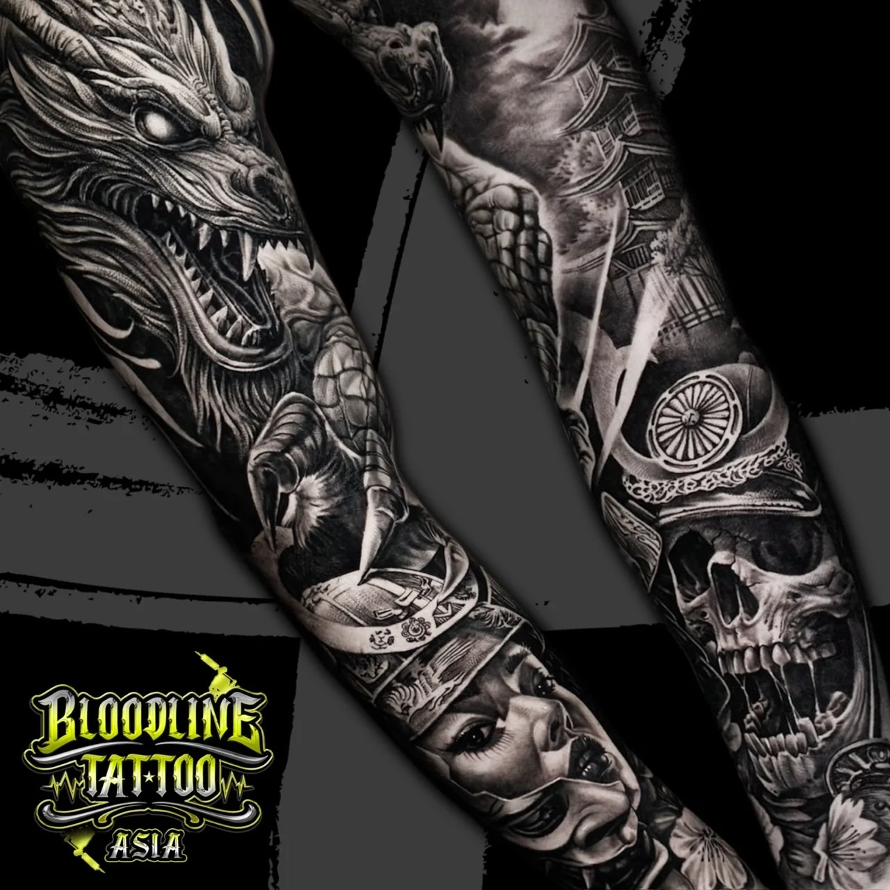 Black and grey Japanese sleeve tattoos with dragon head, samurai skull in kabuto, pagoda, and female warrior portrait at Bloodline Tattoo Bangkok.