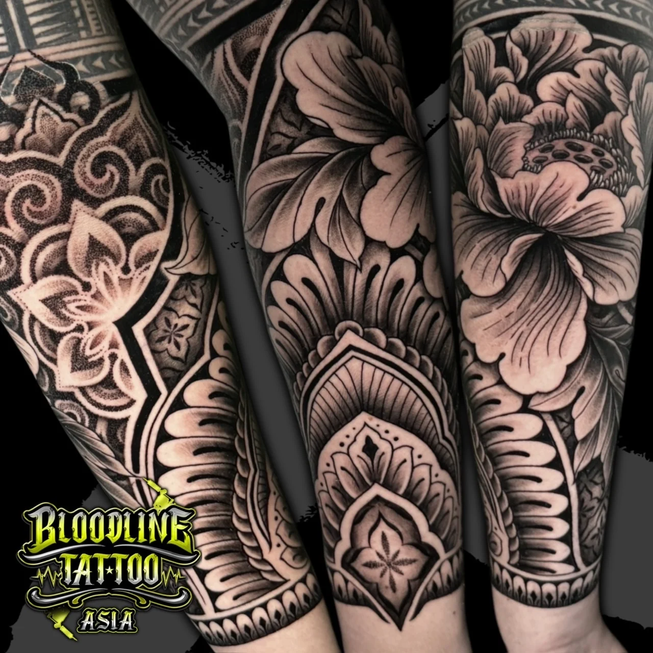 Triptych forearm sleeve with pointed-arch mandalas, peony florals, and dense dotwork shading in black and grey, at Bloodline Tattoo Bangkok.