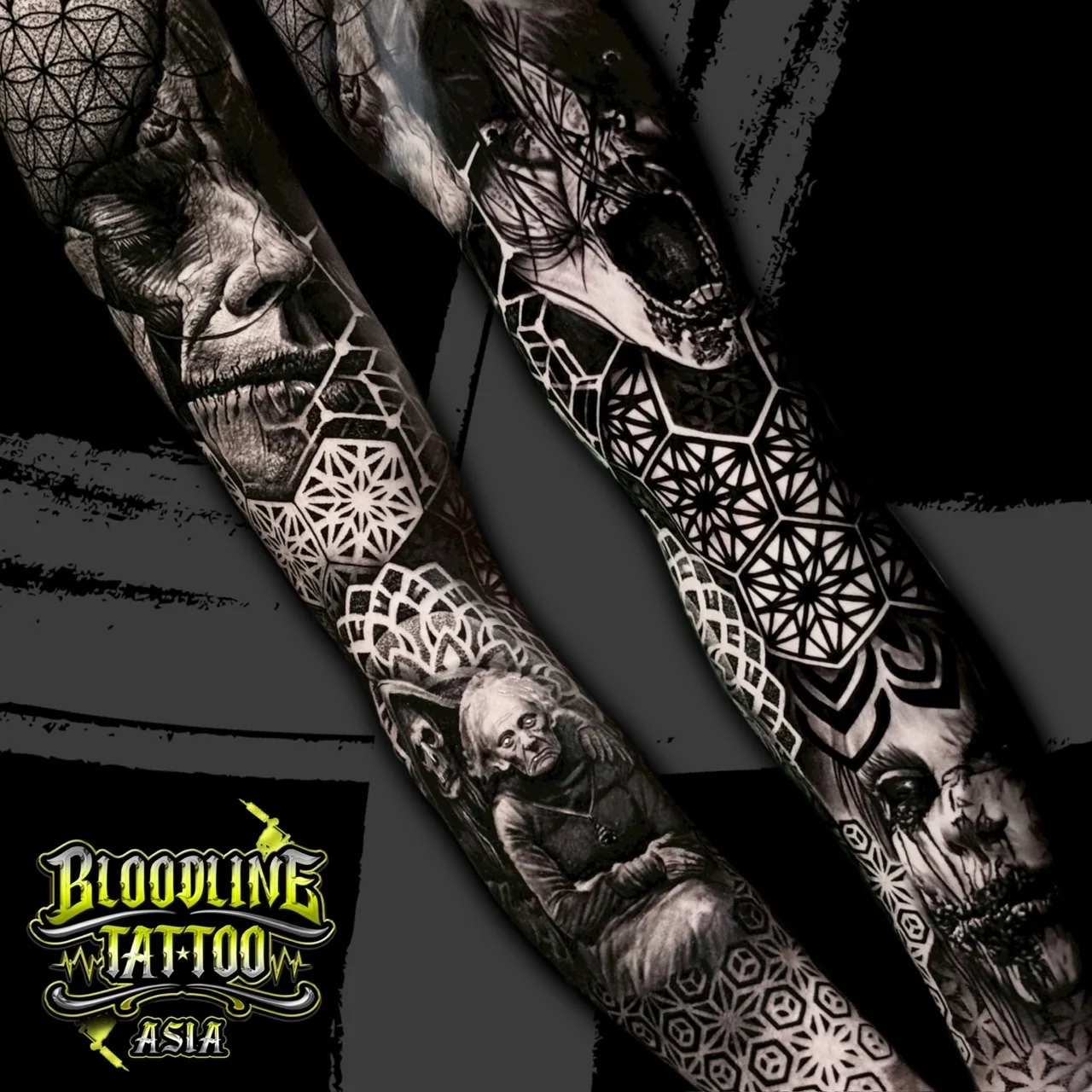 Dual-view sleeve merging realistic surreal portraits with mandala circles, honeycomb geometry, and Flower of Life dotwork, at Bloodline Tattoo Bangkok.