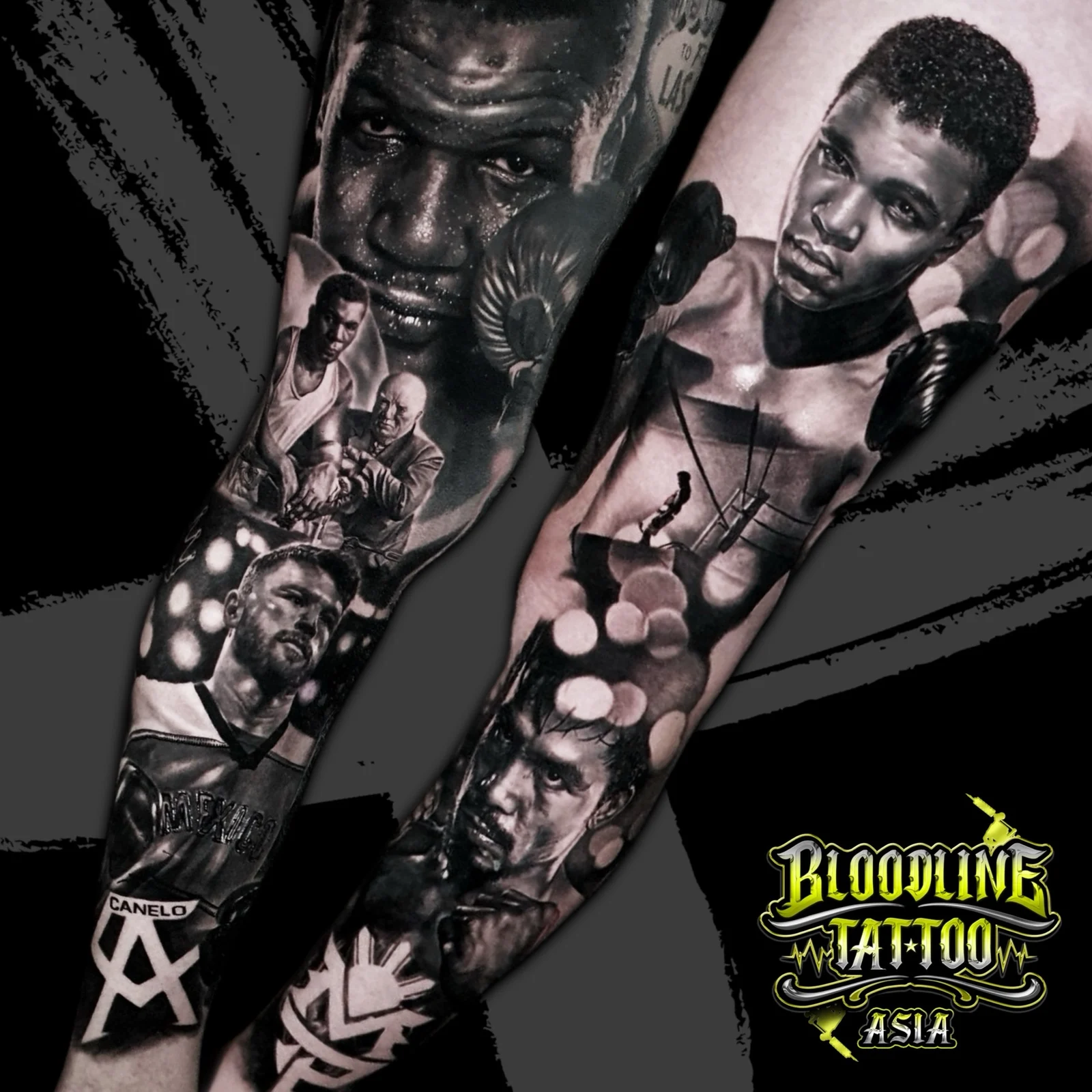 Black and grey portrait realism full arm sleeve of boxing legends Mike Tyson, Muhammad Ali, Manny Pacquiao, and Canelo Alvarez at Bloodline Tattoo Bangkok.