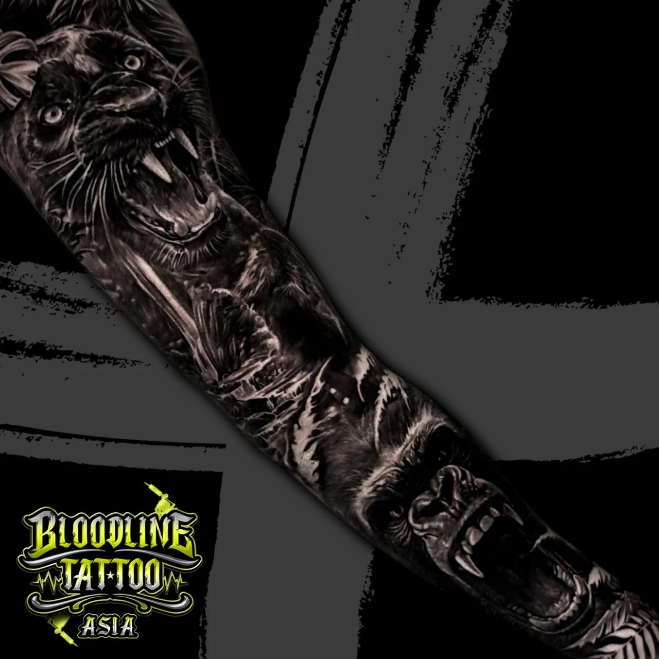 A black and grey realism full sleeve with a roaring black panther on the upper arm above a fierce gorilla on the forearm, at Bloodline Tattoo Bangkok.