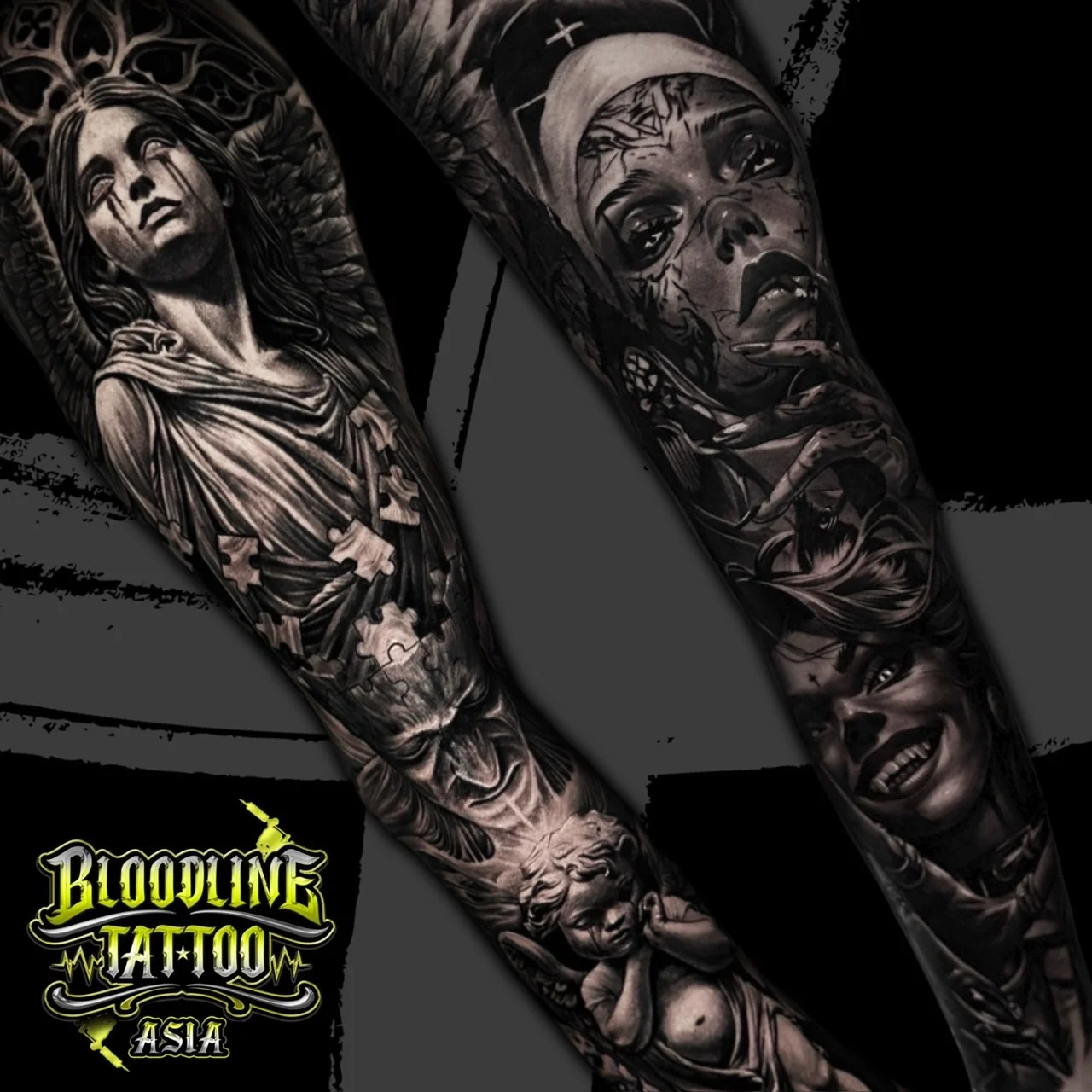 Two black and grey realism sleeves shown together: a weeping angel with puzzle-piece gaps and cherub, and a cracked nun above a fanged grinning woman, at Bloodline Tattoo Bangkok.