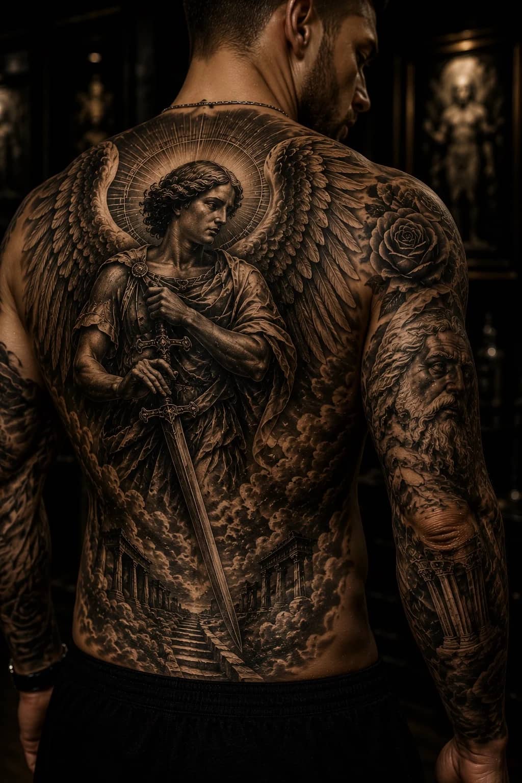 Archangel Michael black and grey realism back tattoo with sword, ruins, and rose sleeve at Bloodline Tattoo Bangkok